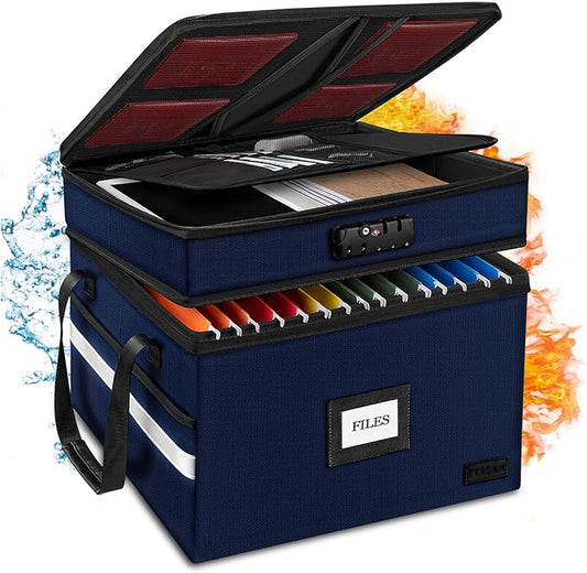 ETRONIK Fireproof Document Box with Lock, 2-Layer File Box Storage Organizer with 5 Tabs& Insert, Portable File Cabinet Storage Box with Handle for Hanging Letter,Legal Size Folder,Certificate, Blue