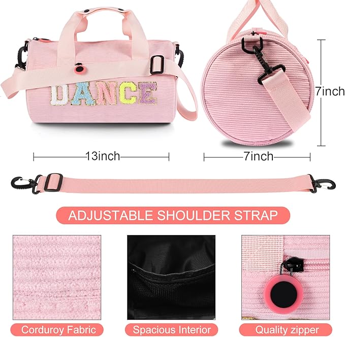 Dance Ballet Bag for Girls Sport Gym Duffle Bags Overnight Travel Bags Fun Dance Corduroy Chenille Letter Bag for Dancers (Pink)