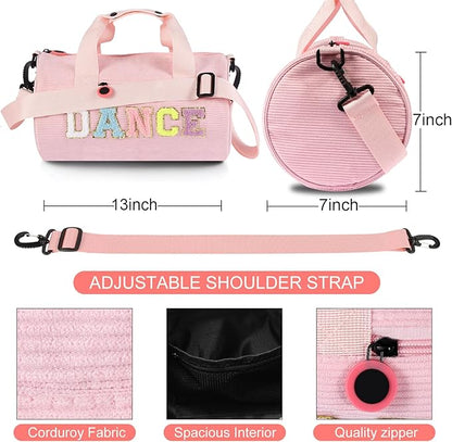 Dance Ballet Bag for Girls Sport Gym Duffle Bags Overnight Travel Bags Fun Dance Corduroy Chenille Letter Bag for Dancers (Pink)