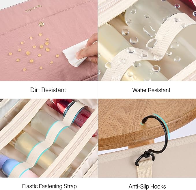 Hanke Hanging Travel Toiletry Bag for Women with Jewelry Organizer Compartment, Travel Essentials Toiletries and Makeup Bag, Water-Resistant & Stain-Resistant with Trolley Strap (Pink)