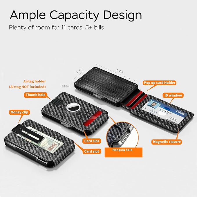 Men's RFID Wallet for AirTag - Brushed Metal Pop Up Card Holder, Slim Front Pocket Compact Bifold Wallet with ID Window Money Clip, Holds 9-11 Cards, Gift for Men