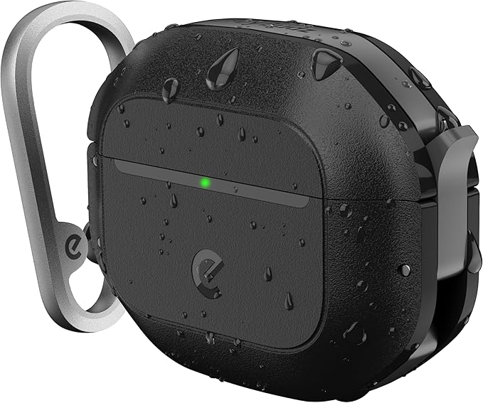 Keybudz for AirPods 4 Case with Lock - Fully Waterproof AirPods 4th Generation Case Cover - Keychain, Rugged Tough Protection, Hard Shell and Carabiner (Carbon Black)