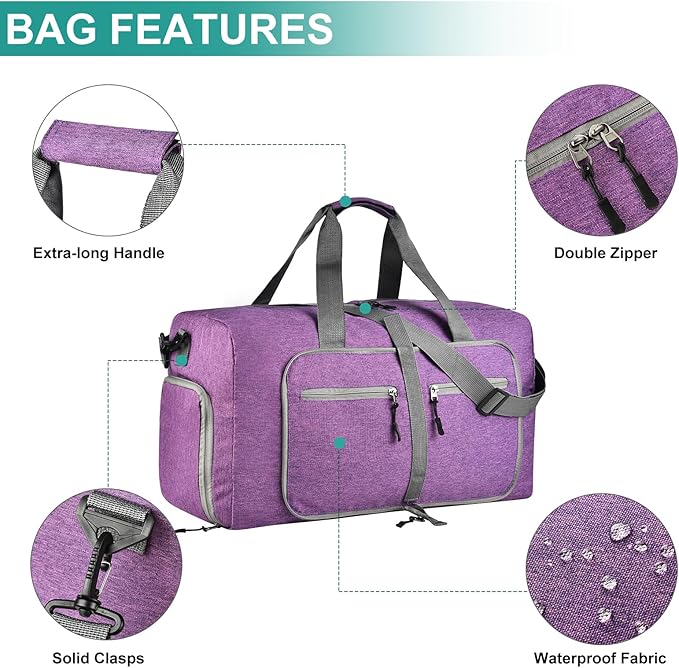 Dimayar 65L Travel Duffle Bag for Men Women - Foldable Duffel Bag with Shoes Compartment - Overnight Bags Waterproof & Tear Resistant(Purple)