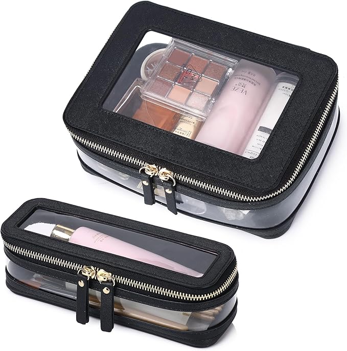 Pinkmik Clear Makeup Bag with Brush Case Travel Toiletry Bag Waterproof Cosmetic Organizer Car Essentials for Women (Black, M+SLIM-1)