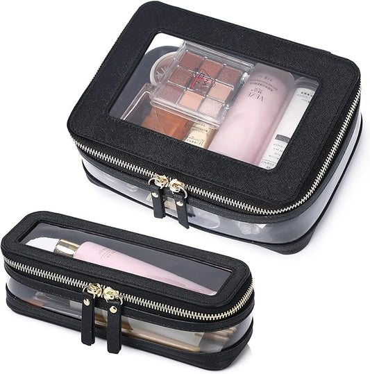 Pinkmik Clear Makeup Bag with Brush Case Travel Toiletry Bag Waterproof Cosmetic Organizer Car Essentials for Women (Black, M+SLIM-1)