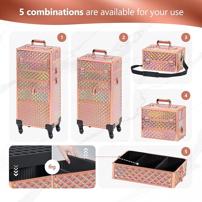 Makeup Train Case with Drawer, Rolling Makeup Case, Cosmetology Case on Wheels, Gift, Large Makeup Case Organizers, Professional for Salon Barber, Nail, Tattoo, Rose Gold