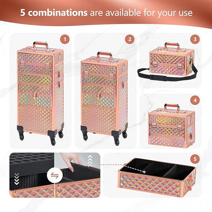 Makeup Train Case with Drawer, Rolling Makeup Case, Cosmetology Case on Wheels, Gift, Large Makeup Case Organizers, Professional for Salon Barber, Nail, Tattoo, Rose Gold