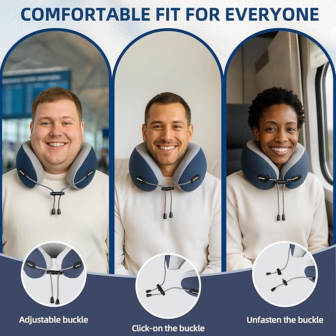 SKYTRAX COMF® Premium Ergonomic Memory Foam Travel Neck Pillow, Washable Cooling Ice Silk Cover, Firm Neck Support for Airplane Long Flights & Pain Relief, with Portable Carry Case (Navy Blue)