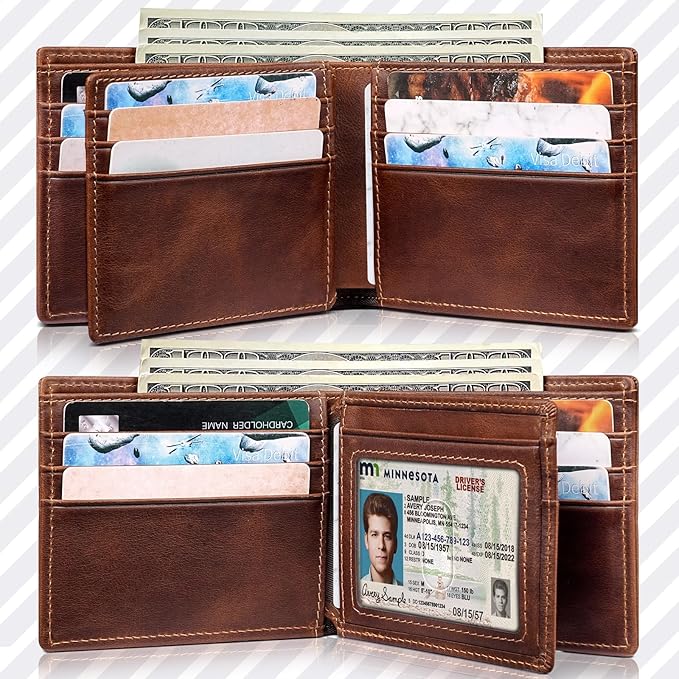 Mens Wallet Bifold Genuine Leather RFID Blocking Wallet for Men with 1 ID Windows 13 Card Holders 2 cash pockets 1 Gift Box