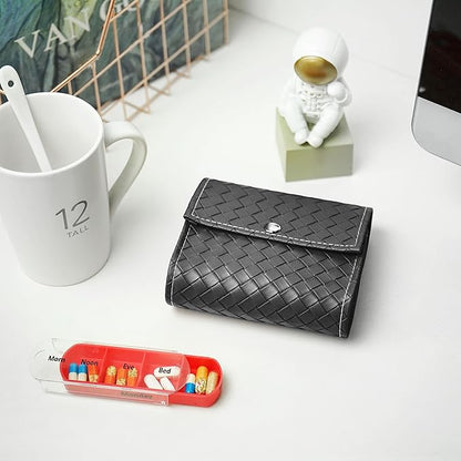 LIZIMANDU Weekly Travel Pill Case Box Medication Reminder Daily AM PM, 7 Compartments, 4 Times A Day, 7 Days a Week - Includes Leather PU Carrying Case (1-Weave Black)