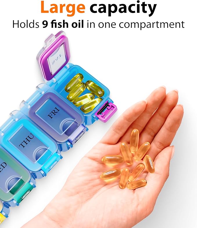 Weekly Pill Organizer 1 time a Day – Pill Box 7 Day with Enhanced Waterproof Seal, Large compartments Hold Big Vitamins & Supplements, Upgraded Locking lids, for Home & Travel use, Durable Hard case
