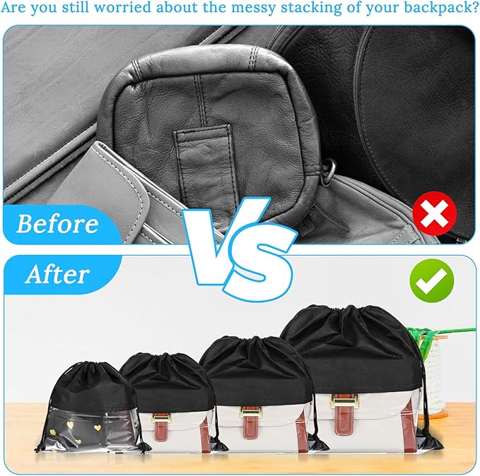 12 Pcs Dustproof Drawstring Bags for Handbags Purse Dust Bags Shoe Bags for Travel Dust Storage Bags Covers String Packing Organizer (Black, 4 Sizes)