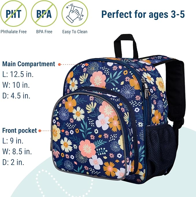 Wildkin 12-inch Kids Backpack – Padded, Adjustable, Ideal for Daycare & Travel - Wildflower Bloom