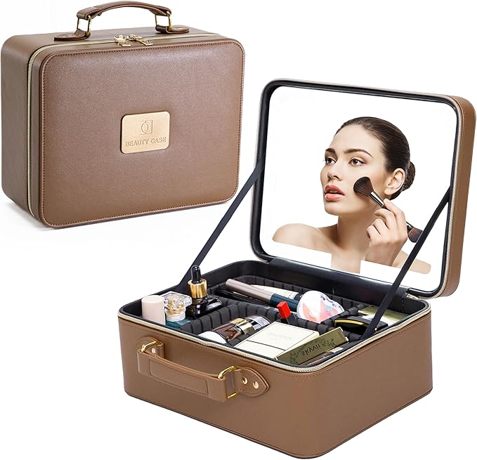 Travle Makeup Bag with LED Mirror, Makeup Train Case with Light Up Mirror, Portable Waterproof Makeup Organizer with Adjustable Dividers, Cosmetic Brush Holder Storage for Women Gift