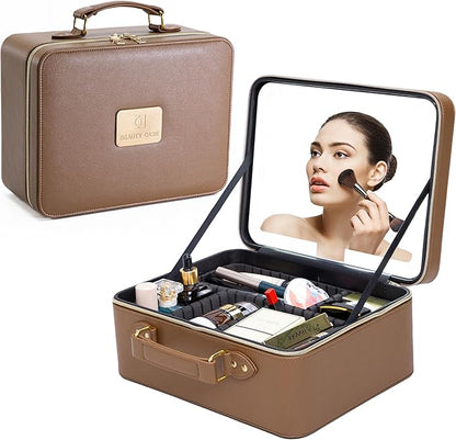 Travle Makeup Bag with LED Mirror, Makeup Train Case with Light Up Mirror, Portable Waterproof Makeup Organizer with Adjustable Dividers, Cosmetic Brush Holder Storage for Women Gift