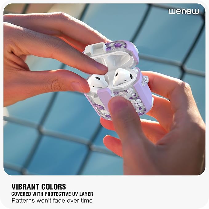 WENEW Case for AirPods 1 & 2 Case Cover Secure Lock Automatic Snap Switch Clip Cleaner Kit Lanyard Women Stylish Flower Hard Shell Full Body (Purple, AirPods 1st & 2nd)