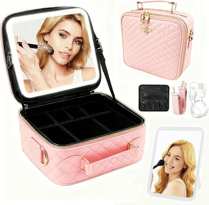 Travel Makeup Bag with Light Up Mirror, Portable Makeup Bag with Led Light Women Waterproof Makeup Travel Case adjustable dividers Rechargeable Vanity Mirror with 3 Color Lights