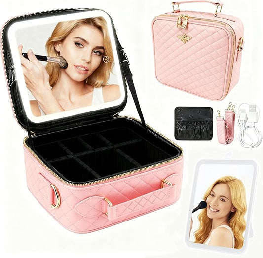 Travel Makeup Bag with Light Up Mirror, Portable Makeup Bag with Led Light Women Waterproof Makeup Travel Case adjustable dividers Rechargeable Vanity Mirror with 3 Color Lights