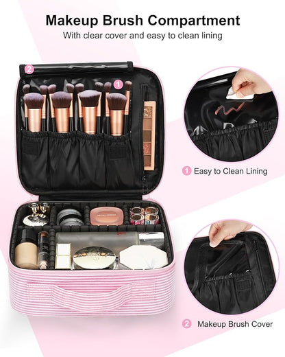 Relavel Travel Makeup Train Case, Portable Cosmetic Case Makeup Organizer, Professional Artist Storage Bag with Adjustable Dividers for Cosmetics Brushes, Birthday Gifts for Girls, Pink Stripe