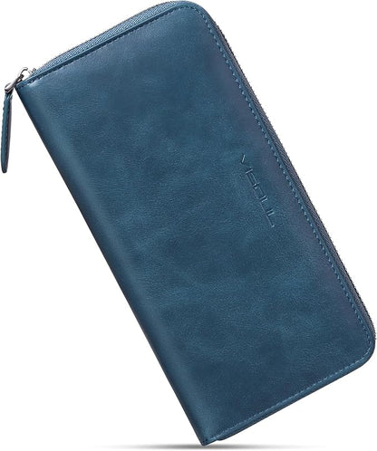 VISOUL Leather Long Zipper Pouch Wallet for Men and Women with RFID Blocking, Large Clutch Cash Long Wallet with Zipper (Navy Blue)