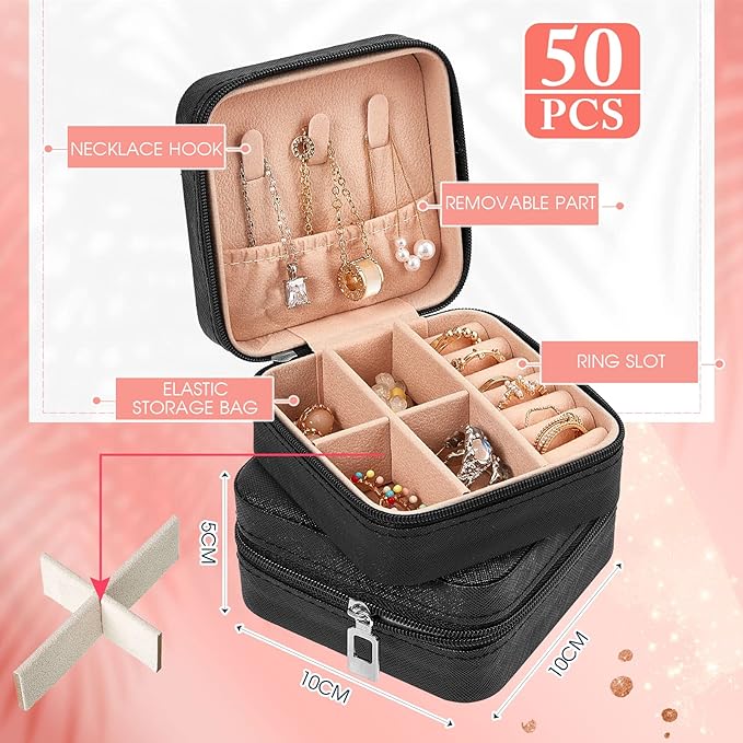 Taiyin 50 Pcs Travel Jewelry Case Box Bridesmaid Gifts Bulk Travel Jewelry Cases Boxes Small Jewels Organizers Mini Accessories Ornaments Storage for Women Girls Wedding Gifts (Black)