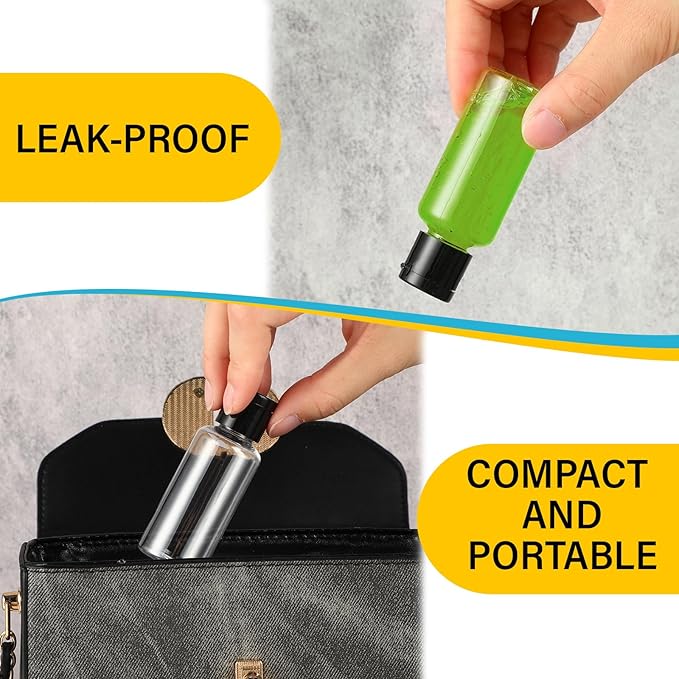 Mimorou 150 Pcs 1oz Travel Bottles Bulk for Toiletries Clear Small Travel Size Bottles Bulk Refillable Empty Containers for Shampoo Lotion Liquid Body Soap Cream Toiletries(Black Cap)