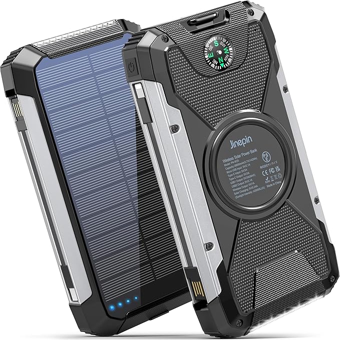 Solar Charger Power Bank -38600mAh Solar Phone Charger Built in 3 Cables Waterproof Outdoor External Battery Pack with 4 Outputs 2 Inputs USB C 15 W Powerbank with Camping Light Compass