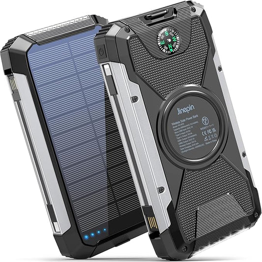 Solar Charger Power Bank -38600mAh Solar Phone Charger Built in 3 Cables Waterproof Outdoor External Battery Pack with 4 Outputs 2 Inputs USB C 15 W Powerbank with Camping Light Compass