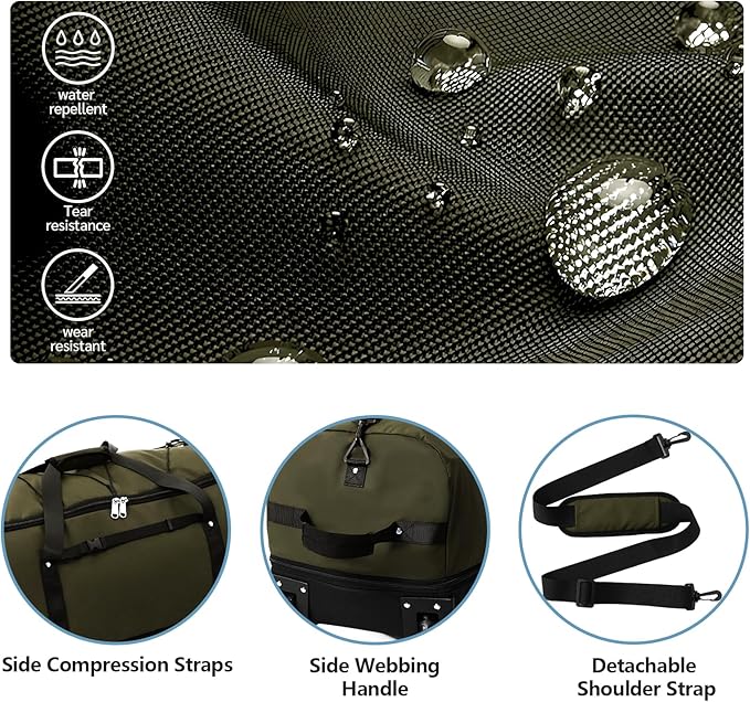 32” 1680D Oxford Foldable Duffle Bag with 2 Wheels,110L to 140L Expandable Soft Sided Rolling Travel Bag,Army Green