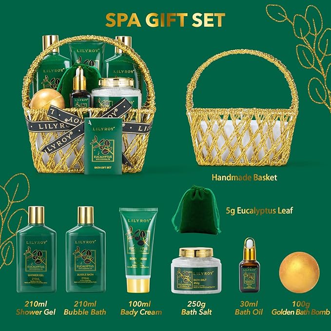 Spa Gift Basket for Christmas Gifts - 9 Pieces Premium Eucalyptus Bath & Body Care Kit for Women & Men, Holiday Gift for Mothers Day, Valentine's Day, Father's Day, Birthday with Shower Gel & More