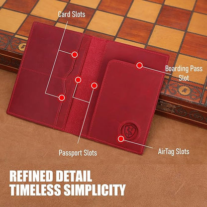 STAR VISTA Albatross Leather Travel Passport Holder, Minimalist Design, Full Grain Leather Case for Women and Men - Slim Passport Wallet, Bifold, RFID Blocking, with AirTag Holder, Crimson Red