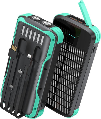 Solar Charger Power Bank, PD 20W Fast Charging External Batter, 40000mAh Portable Phone Charger Built in 4 Cables with Dual Bright Flashlights for Camping, Hiking, and Outdoor Use（Green）