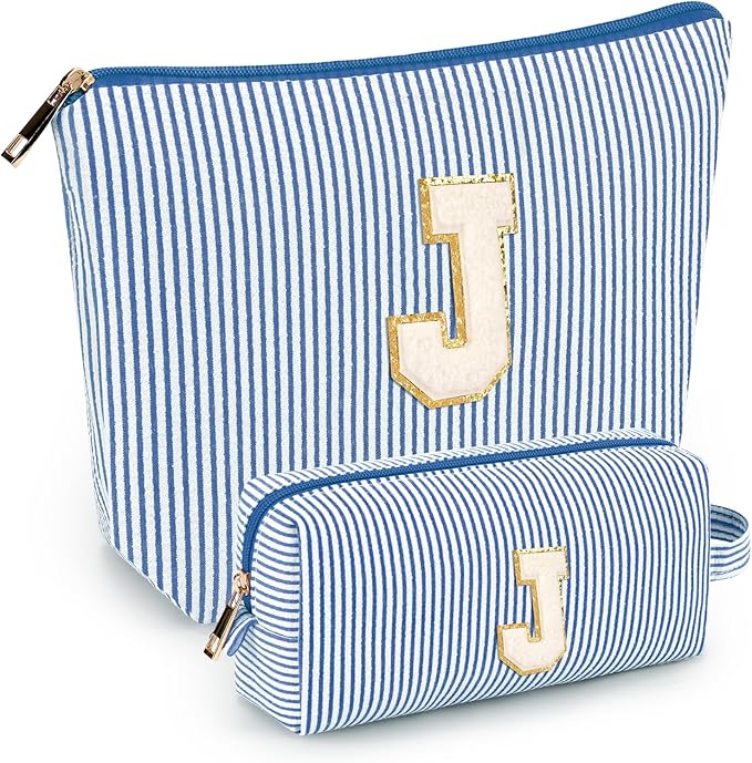 2 PCS Initial Makeup Bags for Women: Cosmetic Bag for Travel Toiletry - Birthday Gifts for 11 12 13 14 15 16 17 18 Years Old Girl Graduation Teacher Gift- Teen Girl Gifts Trendy Stuff - Blue J