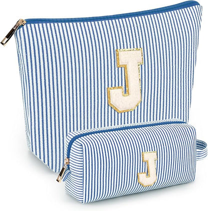 2 PCS Initial Makeup Bags for Women: Cosmetic Bag for Travel Toiletry - Birthday Gifts for 11 12 13 14 15 16 17 18 Years Old Girl Graduation Teacher Gift- Teen Girl Gifts Trendy Stuff - Blue J