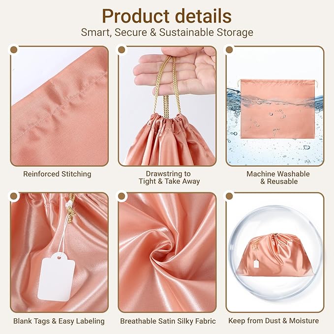 Ewen 7 Pack of Pink Orange Dust Bags for Handbags, 19.6x15.7in Dustproof Satin Purse Bags with Drawstring for Travel, Covers for Shoes and Boots, Silk Bags for Storage, Dust Cover Bag for Garment