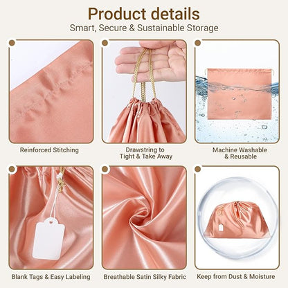 Ewen 7 Pack of Pink Orange Dust Bags for Handbags, 19.6x15.7in Dustproof Satin Purse Bags with Drawstring for Travel, Covers for Shoes and Boots, Silk Bags for Storage, Dust Cover Bag for Garment