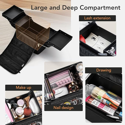 Stagiant Makeup Train Case, Nail Bag Organizer Case, Makeup Box Organizer, 4 Tier Large Travel Makeup Case with Compartments/Shoulder Strap for MUA/Manicure/Tattoo/Eye Lash Extension,Black