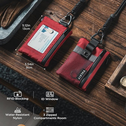 VULKIT Small RFID Wallet for Women & Men – Minimalist Zipper Wallet with ID Window, Keychain & Carabiner, Holds 15 Cards, Water Resistant Travel Lanyard Wallet Red