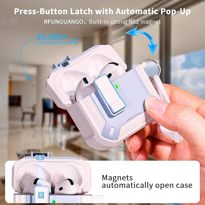 RFUNGUANGO Compatible AirPods 4th Generation Protective Case with Phone Holder and Compatible Back Magnetic Suction Function, Suitable for AirPods 4th Case-White + Blue