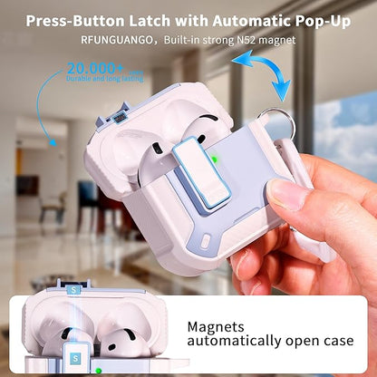 RFUNGUANGO Compatible AirPods 4th Generation Protective Case with Phone Holder and Compatible Back Magnetic Suction Function, Suitable for AirPods 4th Case-White + Blue