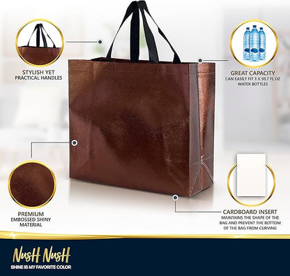 Nush Nush Chocolate Gift Bags Large Size – Set of 60 Reusable Shiny Brown Gift Bags With Handles- Metallic Party Favors Bags In Bulk For Small Business Use In Gifting Events, Birthdays - 13Wx5Dx11H