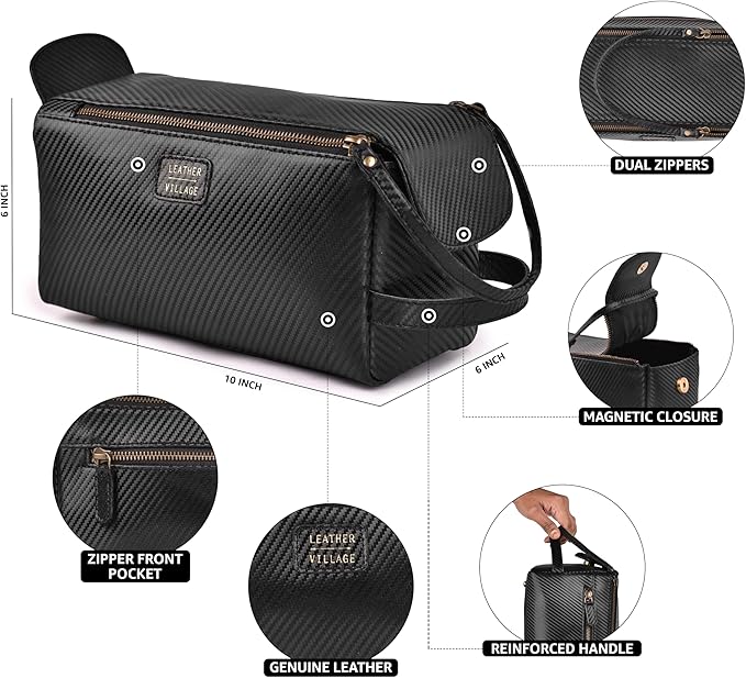 LEATHER VILLAGE Premium Carbon Fiber Genuine Leather Travel Toiletry Bag - Large Dopp Kit, Water-Resistance Bathroom & Shaving Organizer for Men & Women - Black
