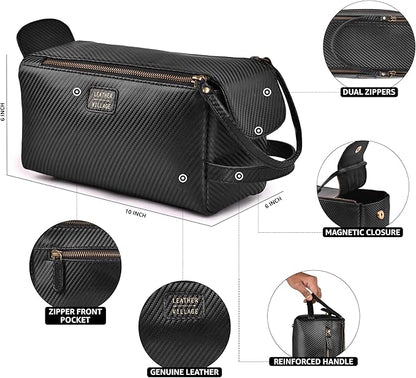 LEATHER VILLAGE Premium Carbon Fiber Genuine Leather Travel Toiletry Bag - Large Dopp Kit, Water-Resistance Bathroom & Shaving Organizer for Men & Women - Black