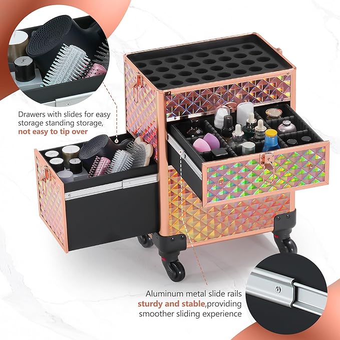 Makeup Train Case with Drawer, Rolling Makeup Case, Cosmetology Case on Wheels, Gift, Large Makeup Case Organizers, Professional for Salon Barber, Nail, Tattoo, Rose Gold