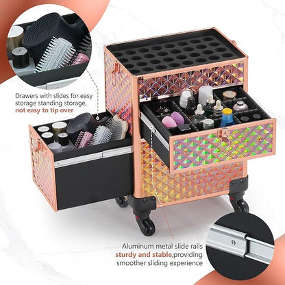 Makeup Train Case with Drawer, Rolling Makeup Case, Cosmetology Case on Wheels, Gift, Large Makeup Case Organizers, Professional for Salon Barber, Nail, Tattoo, Rose Gold