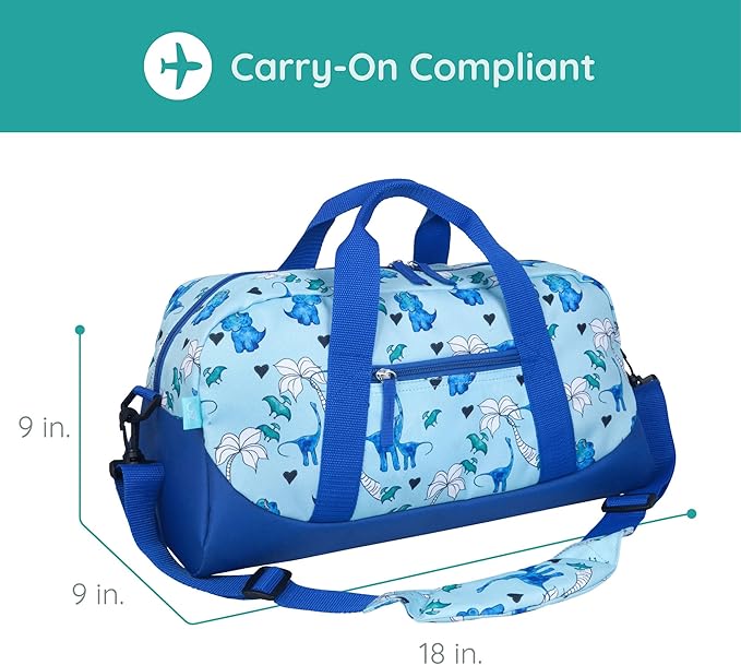 JumpOff Jo by Wildkin Overnighter Duffel Bag – Lightweight Travel Bag for Kids - Blue Dino