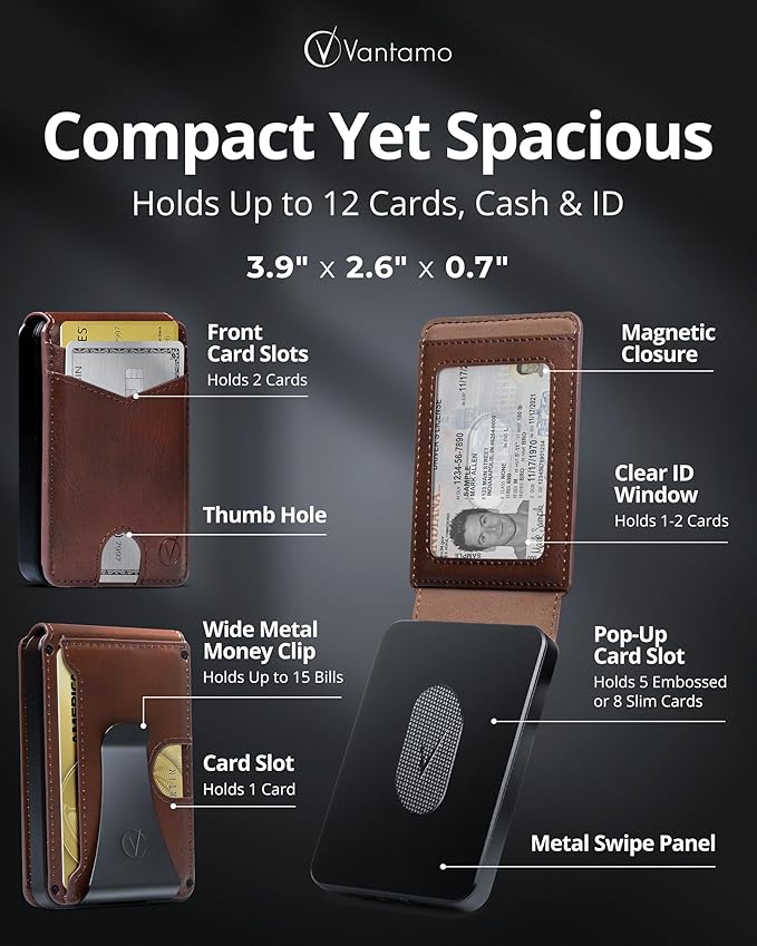 Vantamo Premium Wallet for Men with Money Clip & Card Holder, Compact & Slim Wallet with RFID, 8-12 Cards, Perfect Gifts for Men