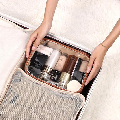 Pocmimut Makeup Case,Double Layer Large Cosmetic Bag with Makeup Brush Bag,TSA Approved Toiletry Bag Skincare Bag Car Accessories Travel Essentials Organizers for Women,Brown