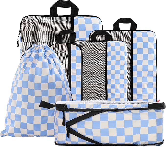 U+U 6 Set Compression Packing Cubes - Ultralight Travel Organizers with Laundry Bag, Space-Saving Suitcase Organizer for Travel, Business Trip and Family Vacation (Blue Checkered)