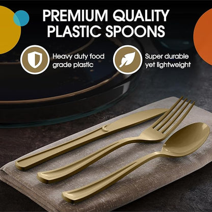 Gold Plastic Silverware Heavy Duty 300 Pieces Gold Disposable Silverware Heavy Duty, Utensil Sets, 100 Of Each Forks, Knives & Spoons Disposable Cutlery Set For Party Supplies